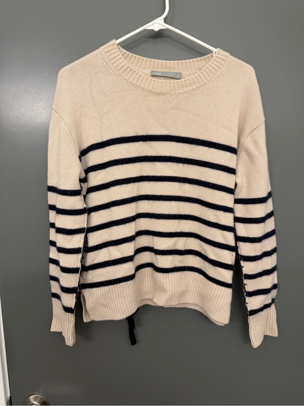 Vince Cream and Black Striped Crewneck Sweater